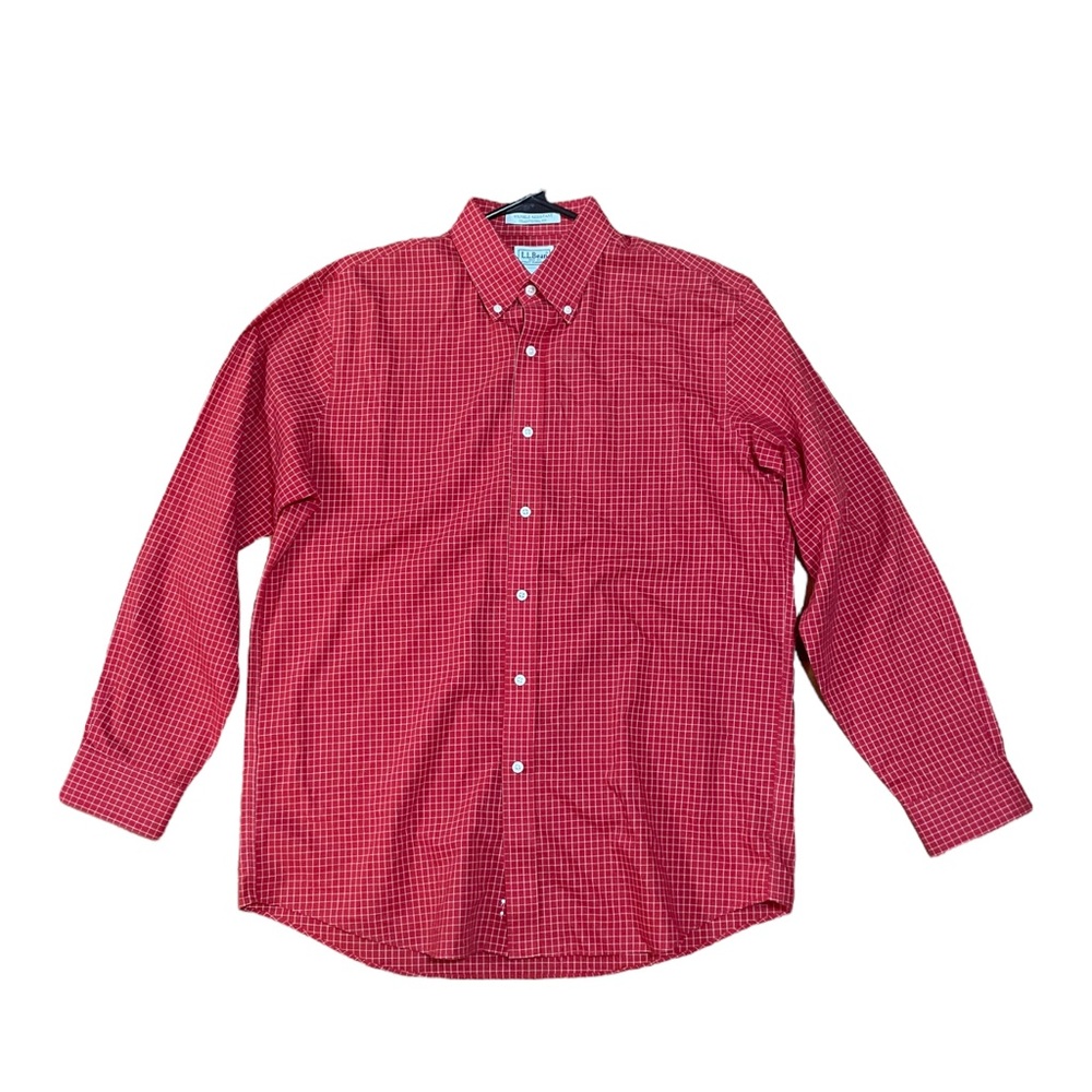 LL Bean Button Up Shirt Men Medium Red Check Long Sleeve Pockets Casual